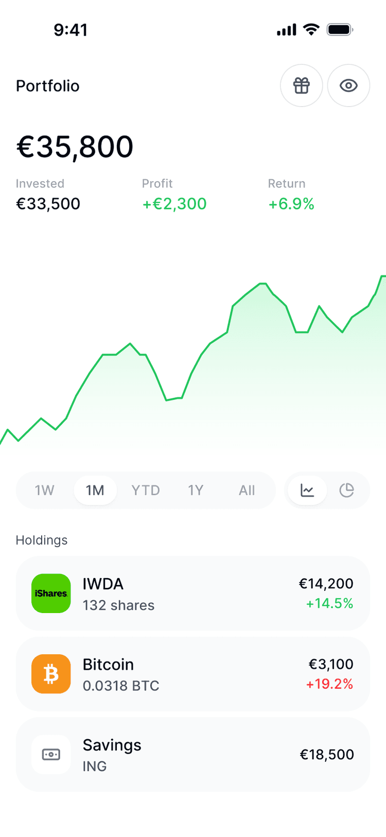 Stella on iPhone: your investments, with contributions, profit and return side by side.